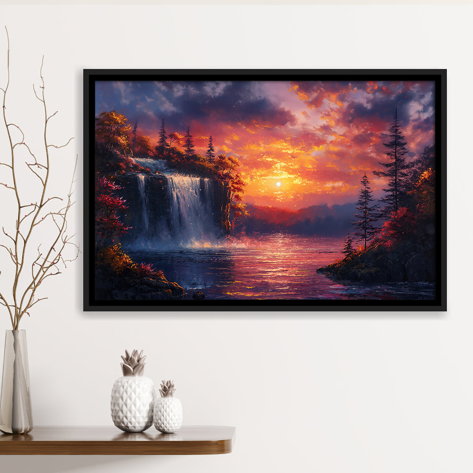 Waterfall In Sunset View Acrylic Painting, Floating Frame, Framed Canvas Print Wall Art Home Decor