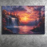 Waterfall In Sunset View Acrylic Painting, Art Print, Canvas Print Wall Art Home Decor