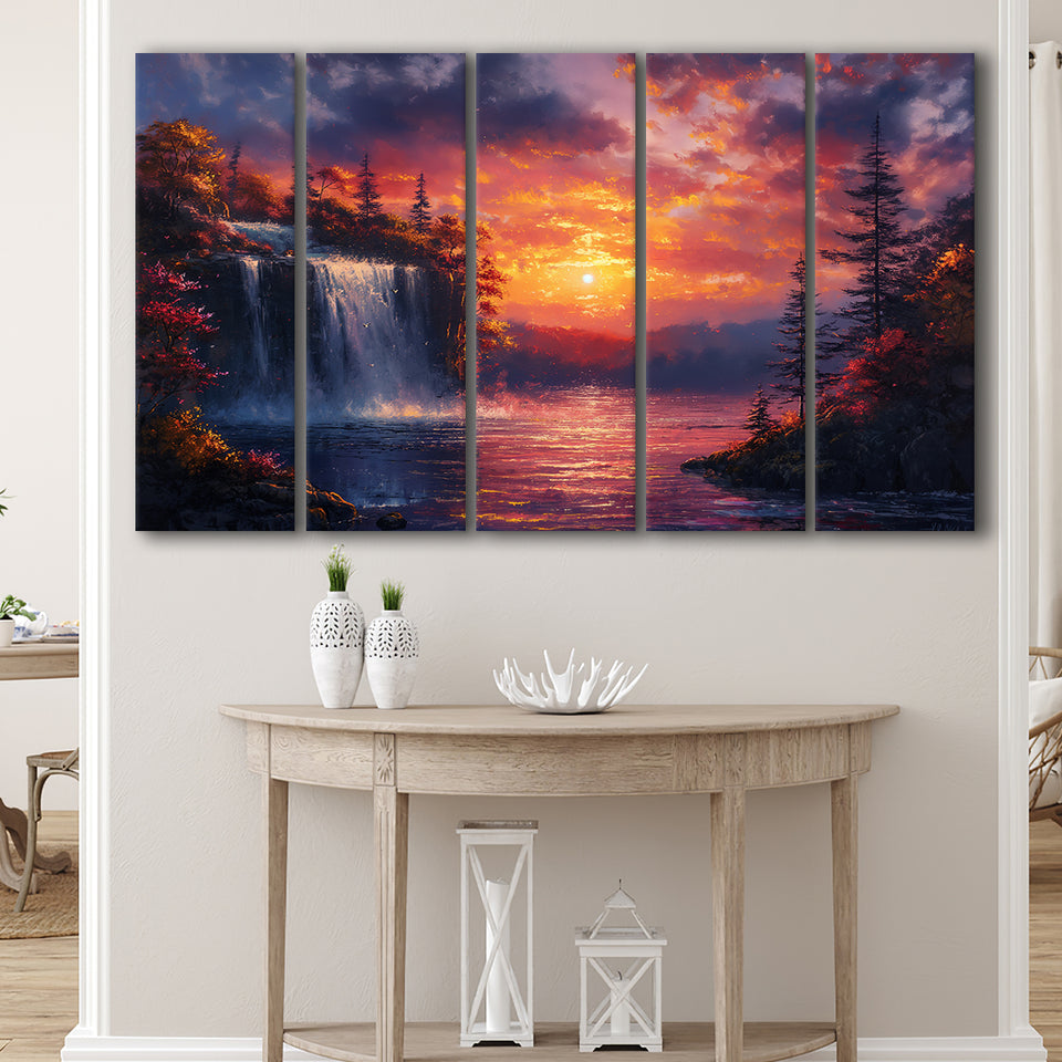 Waterfall In Sunset View Acrylic Painting, Extra Large Canvas, Canvas Print Wall Art Decor