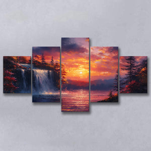 Waterfall In Sunset View Acrylic Painting, Multi Panel,Mixed Canvas Print Wall Art Decor