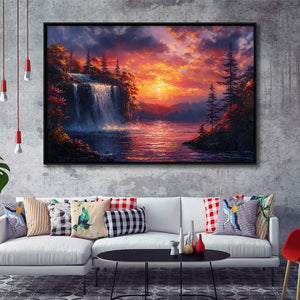 Waterfall In Sunset View Acrylic Painting, Floating Frame, Framed Canvas Print Wall Art Home Decor