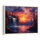 Waterfall In Sunset View Acrylic Painting, Floating Frame, Framed Canvas Print Wall Art Home Decor