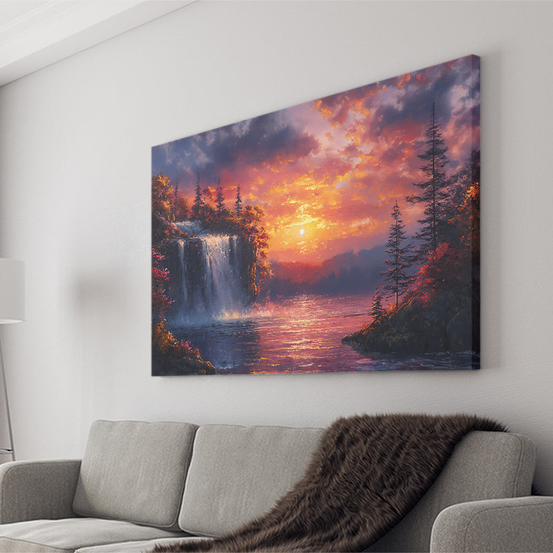 Waterfall In Sunset View Acrylic Painting, Art Print, Canvas Print Wall Art Home Decor