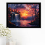 Waterfall In Sunset View Acrylic Painting, Floating Frame, Framed Canvas Print Wall Art Home Decor