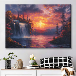 Waterfall In Sunset View Acrylic Painting, Art Print, Canvas Print Wall Art Home Decor