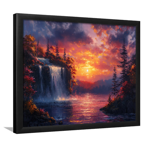 Waterfall In Sunset View Acrylic Painting, Painting Art, Framed Art Print Wall Art Home Decor