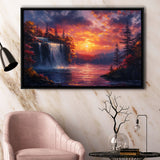 Waterfall In Sunset View Acrylic Painting, Floating Frame, Framed Canvas Print Wall Art Home Decor