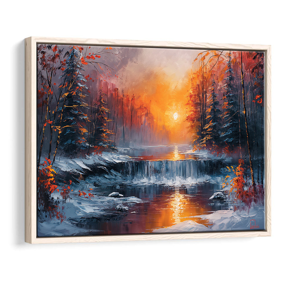 Waterfall In The  Winter Forest Oil Painting, Floating Frame, Framed Canvas Print Wall Art Home Decor