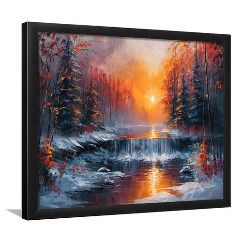 Waterfall In The  Winter Forest Oil Painting, Painting Art, Framed Art Print Wall Art Home Decor