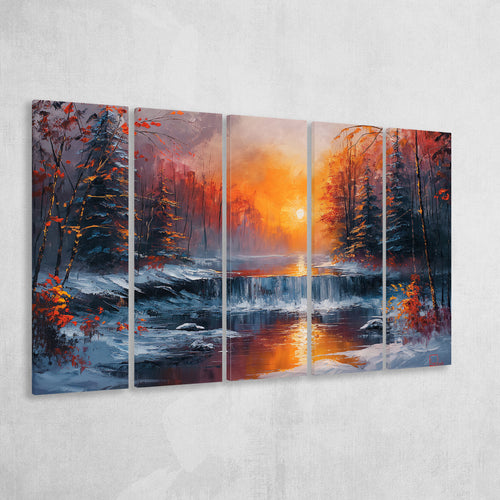 Waterfall In The  Winter Forest Oil Painting, Extra Large Canvas, Canvas Print Wall Art Decor