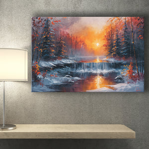 Waterfall In The  Winter Forest Oil Painting, Art Print, Canvas Print Wall Art Home Decor