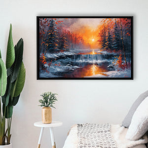 Waterfall In The  Winter Forest Oil Painting, Floating Frame, Framed Canvas Print Wall Art Home Decor