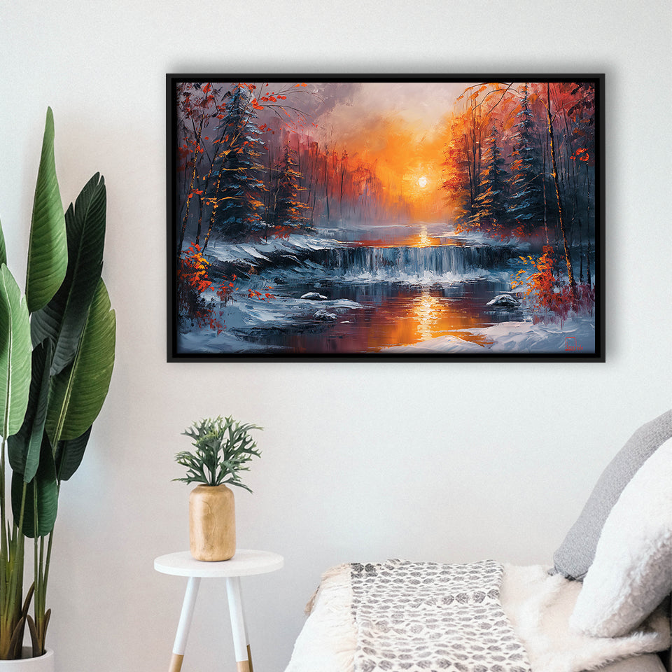 Waterfall In The  Winter Forest Oil Painting, Floating Frame, Framed Canvas Print Wall Art Home Decor