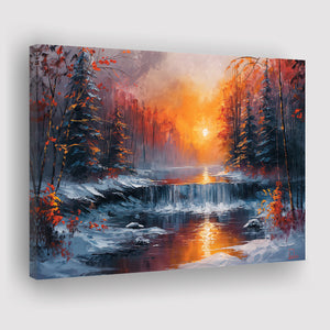 Waterfall In The  Winter Forest Oil Painting, Art Print, Canvas Print Wall Art Home Decor