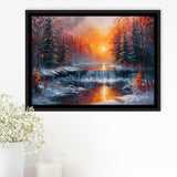 Waterfall In The  Winter Forest Oil Painting, Floating Frame, Framed Canvas Print Wall Art Home Decor