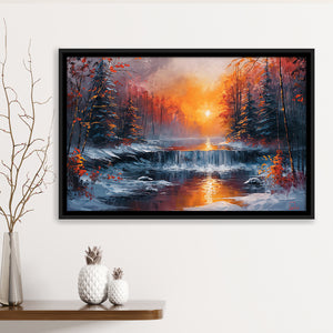 Waterfall In The  Winter Forest Oil Painting, Floating Frame, Framed Canvas Print Wall Art Home Decor