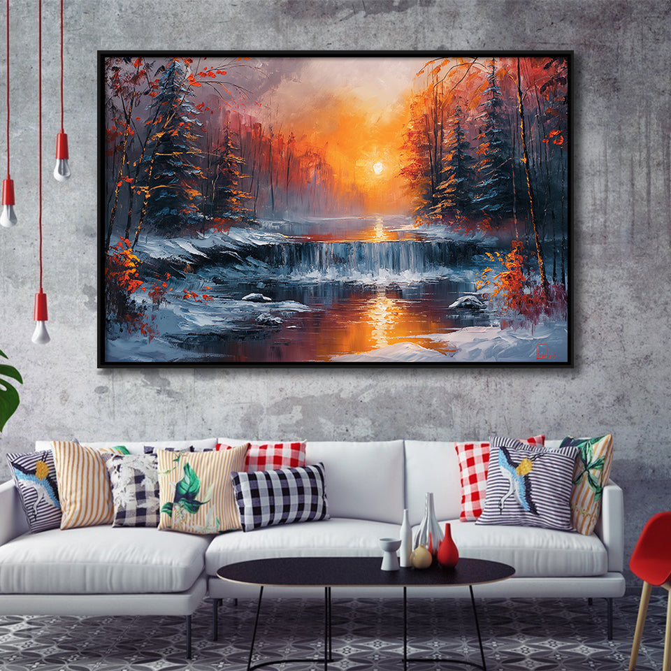 Waterfall In The  Winter Forest Oil Painting, Floating Frame, Framed Canvas Print Wall Art Home Decor