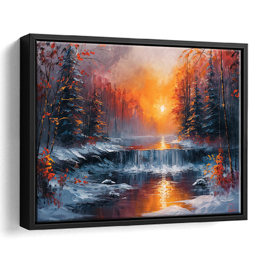 Waterfall In The  Winter Forest Oil Painting, Floating Frame, Framed Canvas Print Wall Art Home Decor