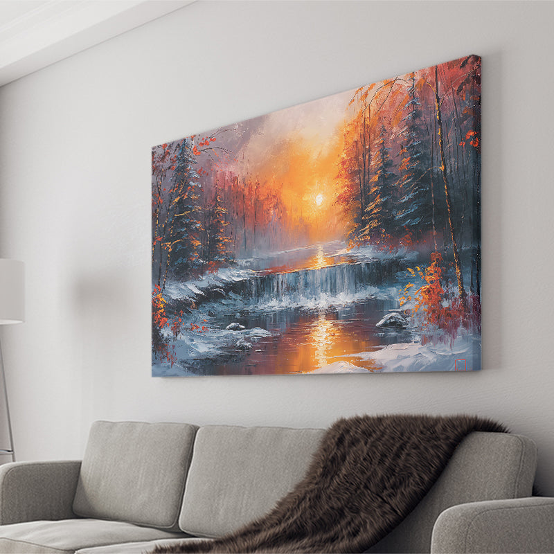 Waterfall In The  Winter Forest Oil Painting, Art Print, Canvas Print Wall Art Home Decor