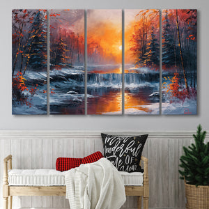 Waterfall In The  Winter Forest Oil Painting, Extra Large Canvas, Canvas Print Wall Art Decor