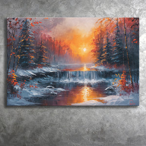 Waterfall In The  Winter Forest Oil Painting, Art Print, Canvas Print Wall Art Home Decor