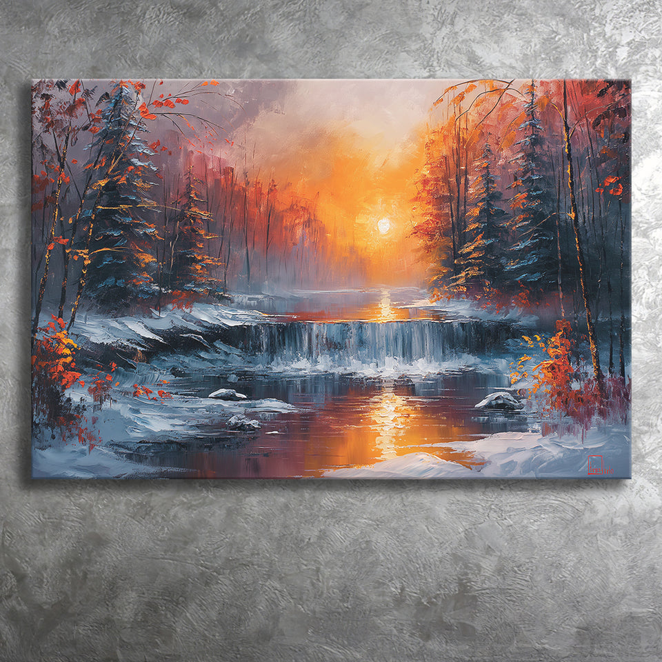 Waterfall In The  Winter Forest Oil Painting, Art Print, Canvas Print Wall Art Home Decor