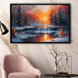 Waterfall In The  Winter Forest Oil Painting, Floating Frame, Framed Canvas Print Wall Art Home Decor