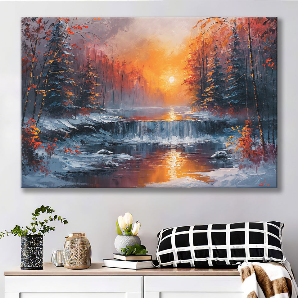 Waterfall In The  Winter Forest Oil Painting, Art Print, Canvas Print Wall Art Home Decor