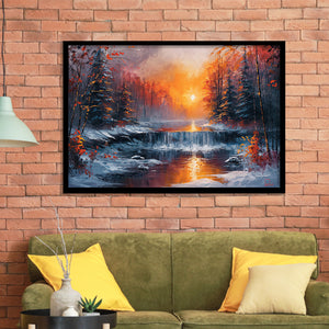 Waterfall In The  Winter Forest Oil Painting, Painting Art, Framed Art Print Wall Art Home Decor