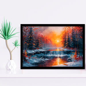 Waterfall In The  Winter Forest Oil Painting, Painting Art, Framed Art Print Wall Art Home Decor