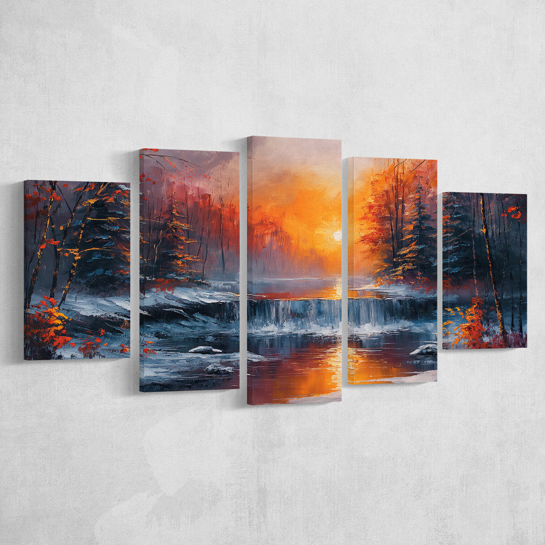 Waterfall In The  Winter Forest Oil Painting, Multi Panel,Mixed Canvas Print Wall Art Decor