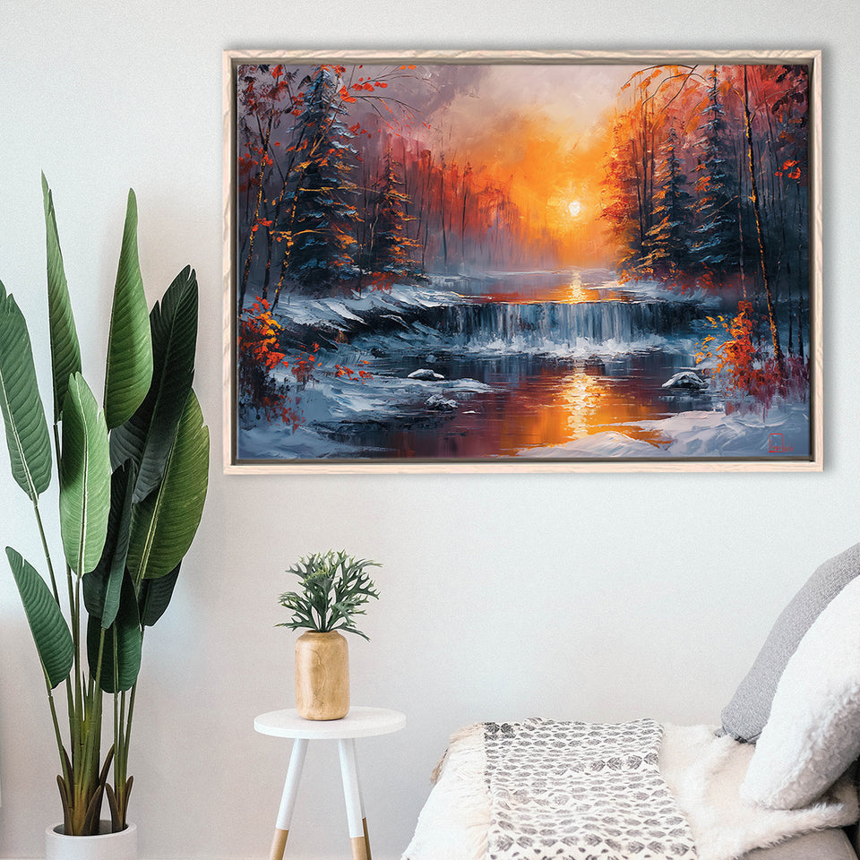 Waterfall In The  Winter Forest Oil Painting, Floating Frame, Framed Canvas Print Wall Art Home Decor