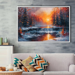 Waterfall In The  Winter Forest Oil Painting, Floating Frame, Framed Canvas Print Wall Art Home Decor