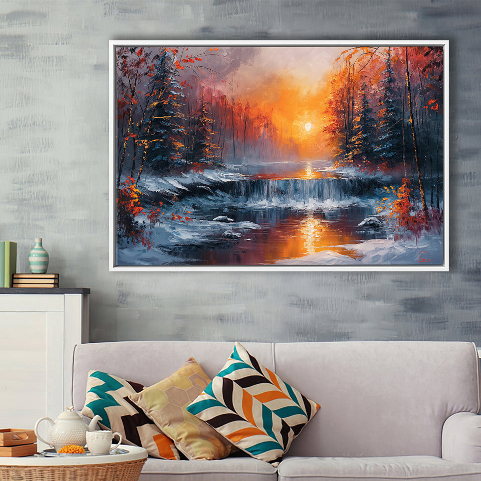 Waterfall In The  Winter Forest Oil Painting, Floating Frame, Framed Canvas Print Wall Art Home Decor