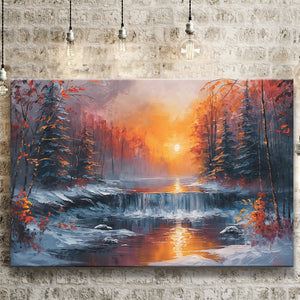 Waterfall In The  Winter Forest Oil Painting, Art Print, Canvas Print Wall Art Home Decor