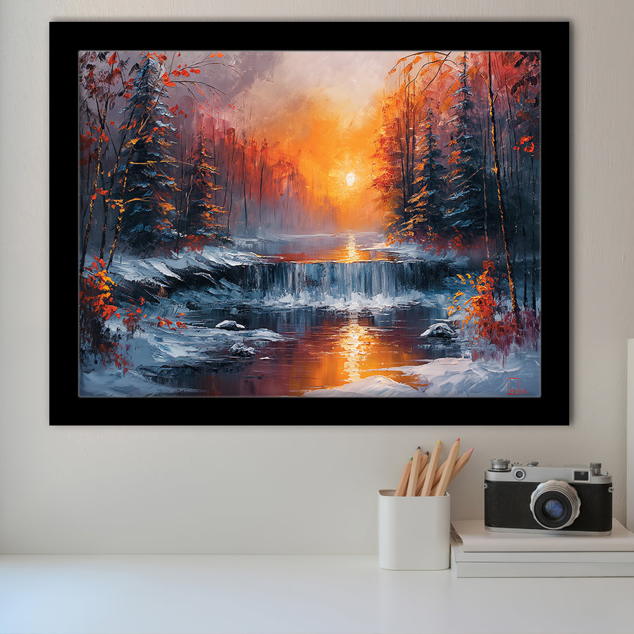 Waterfall In The  Winter Forest Oil Painting, Painting Art, Framed Art Print Wall Art Home Decor