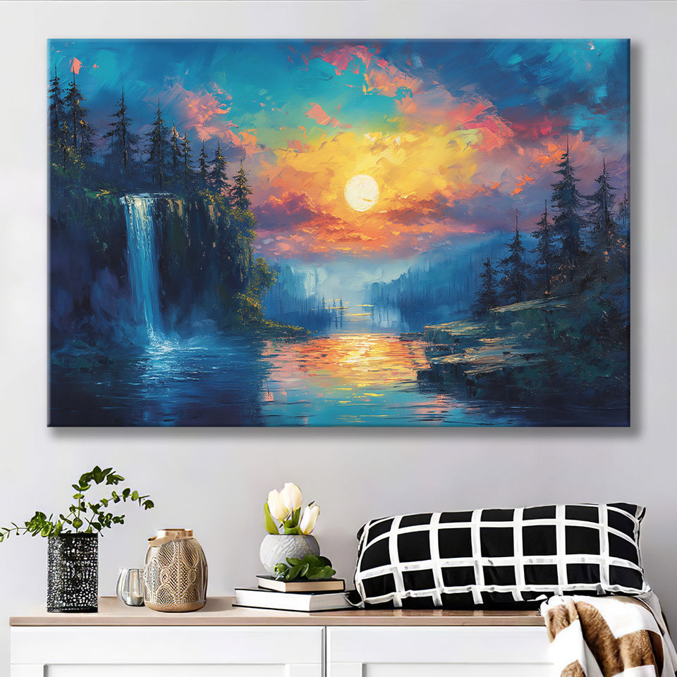 Waterfall Oil Painting In The Sunset, Art Print, Canvas Print Wall Art Home Decor