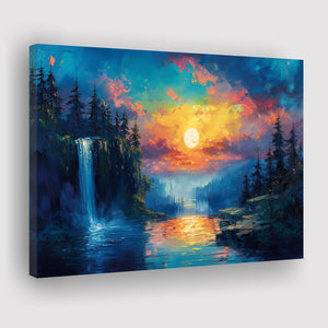 Waterfall Oil Painting In The Sunset, Art Print, Canvas Print Wall Art Home Decor