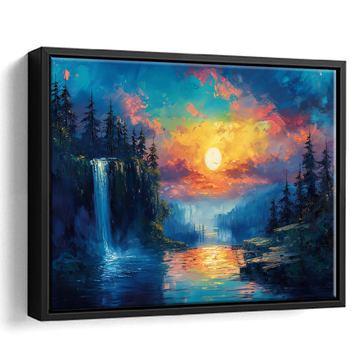 Waterfall Oil Painting In The Sunset, Floating Frame, Framed Canvas Print Wall Art Home Decor