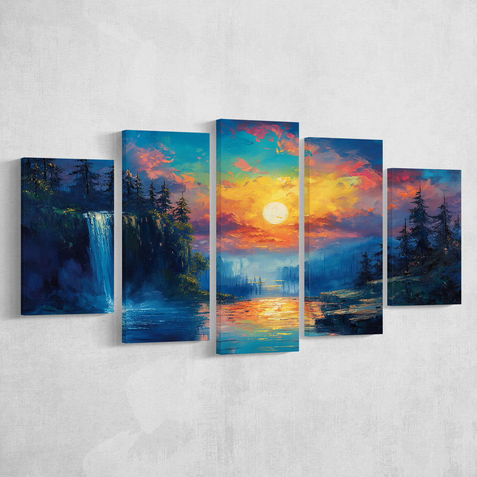 Waterfall Oil Painting In The Sunset, Multi Panel,Mixed Canvas Print Wall Art Decor