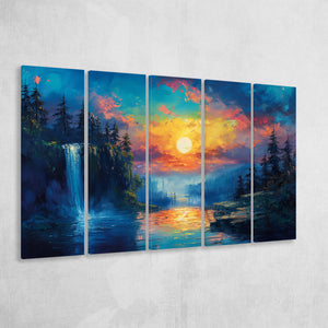 Waterfall Oil Painting In The Sunset, Extra Large Canvas, Canvas Print Wall Art Decor