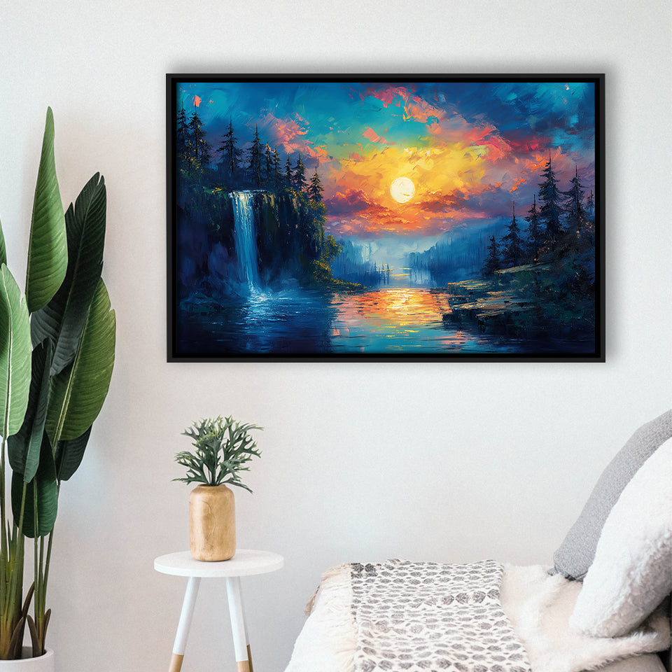 Waterfall Oil Painting In The Sunset, Floating Frame, Framed Canvas Print Wall Art Home Decor