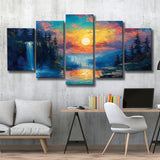 Waterfall Oil Painting In The Sunset, Multi Panel,Mixed Canvas Print Wall Art Decor