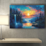 Waterfall Oil Painting In The Sunset, Art Print, Canvas Print Wall Art Home Decor