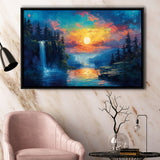 Waterfall Oil Painting In The Sunset, Floating Frame, Framed Canvas Print Wall Art Home Decor