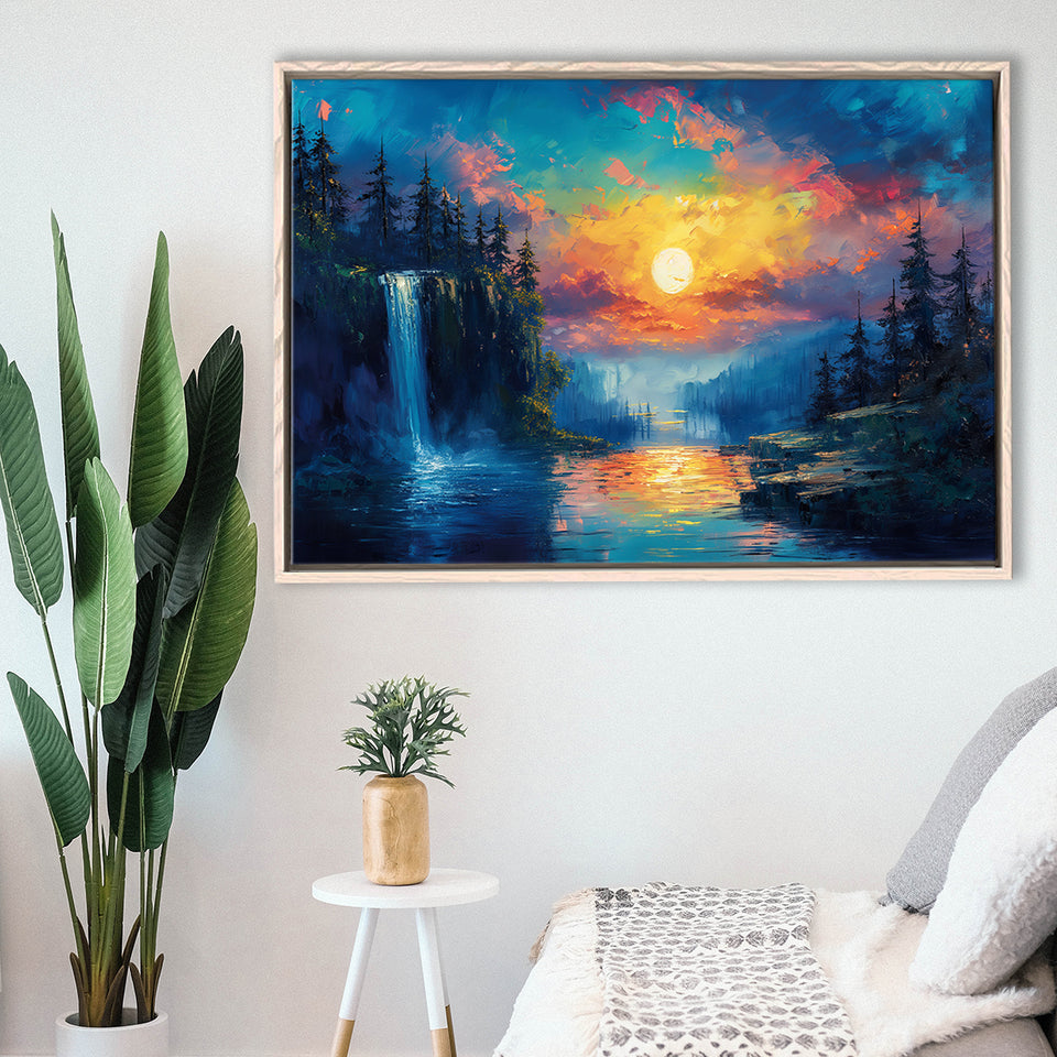 Waterfall Oil Painting In The Sunset, Floating Frame, Framed Canvas Print Wall Art Home Decor