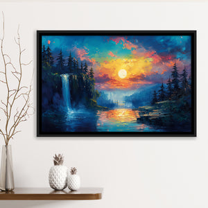 Waterfall Oil Painting In The Sunset, Floating Frame, Framed Canvas Print Wall Art Home Decor