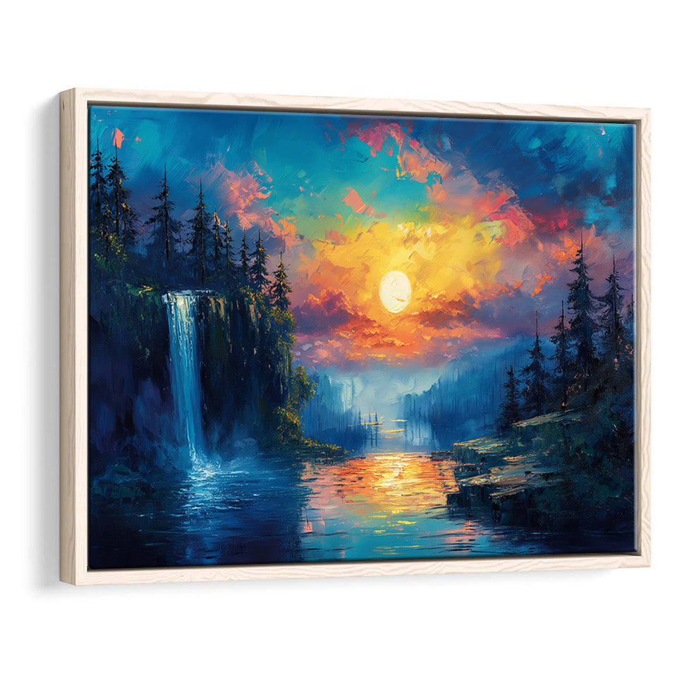 Waterfall Oil Painting In The Sunset, Floating Frame, Framed Canvas Print Wall Art Home Decor