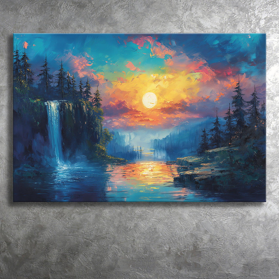 Waterfall Oil Painting In The Sunset, Art Print, Canvas Print Wall Art Home Decor