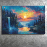 Waterfall Oil Painting In The Sunset, Art Print, Canvas Print Wall Art Home Decor